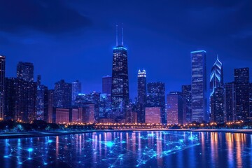 Obraz premium Nighttime Cityscape of Chicago with Illuminated Buildings and Reflective Water Surface