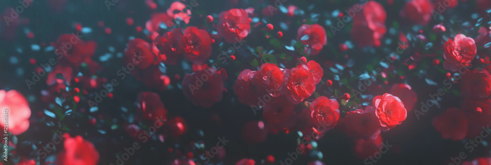 Poster fragile crimson blossoms gently swaying in a soft breeze during twilight hours