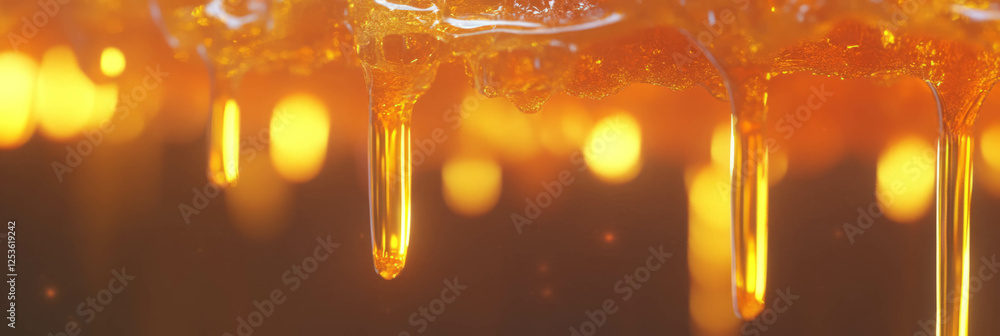 Poster Golden honey drips from honeycomb creating a sweet and glowing background display