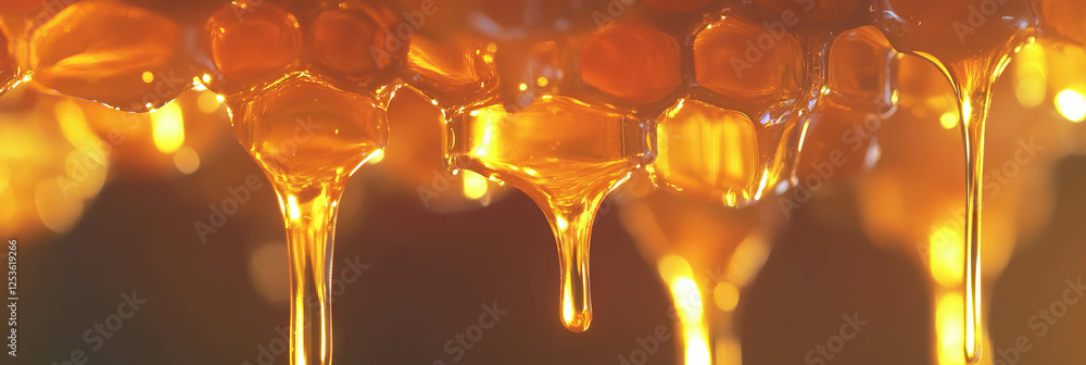 Poster Dripping golden honey from a honeycomb creating a sweet, glowing backdrop for any project