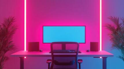 Modern Home Office Setup with Neon Lights and Minimalist Design
