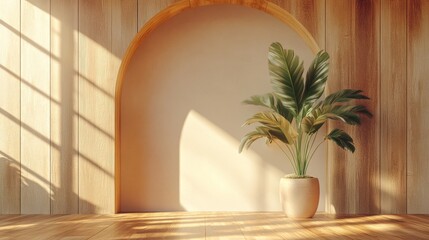 Stylish minimalist lounge with arched wood panel, neutral decor, soft lighting, and wooden flooring, featuring a single potted plant