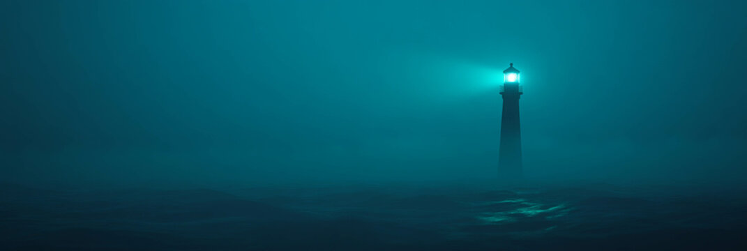 Eerie haunted lighthouse surrounded by fog and flashing light in the dark night