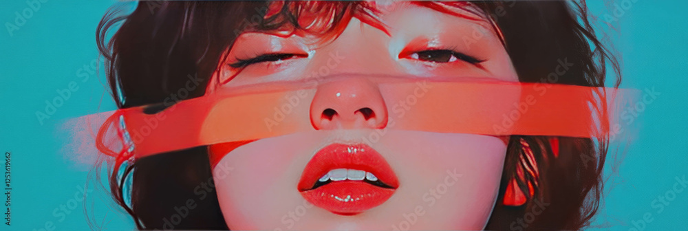 Poster Striking portrait featuring ruby streaks across expressive face with vibrant background