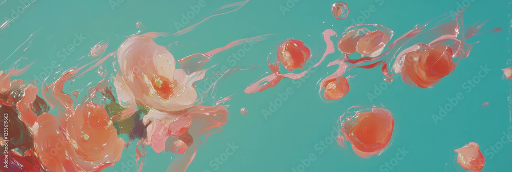 Poster Colorful streaks of ruby hues create a vibrant abstract design on a serene turquoise background