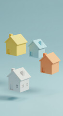 Colorful Miniature Houses: Real Estate, Home Ownership Dreams, Property Investment, & Modern 3D Architecture on Light Blue Backdrop.