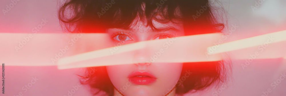 Poster pale ruby streaks illuminate a woman's face with an ethereal glow in a creative composition