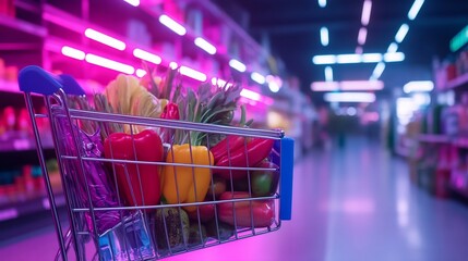 Grocery shopping cart filled with fresh produce in brightly lit supermarket aisle