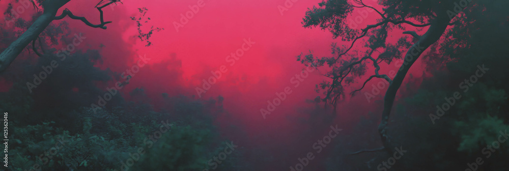 Poster radiant soft red glows illuminate a forest landscape at twilight hours