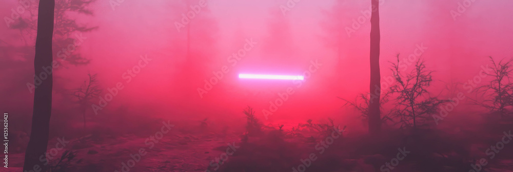 Poster Soft red glows illuminate a misty forest during twilight hours