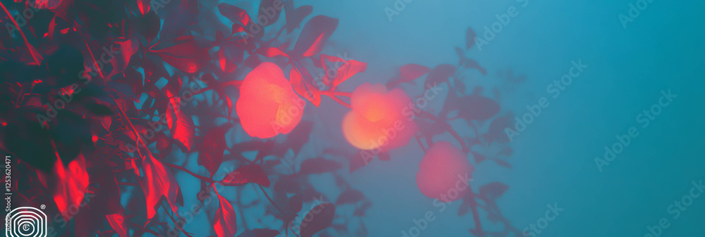 Poster soft scarlet glows illuminate branches in a serene twilight atmosphere