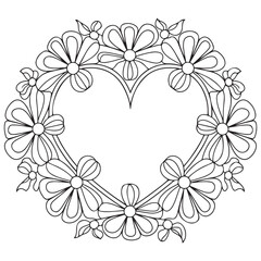 Flowers and heart frame hand drawn for adult coloring book