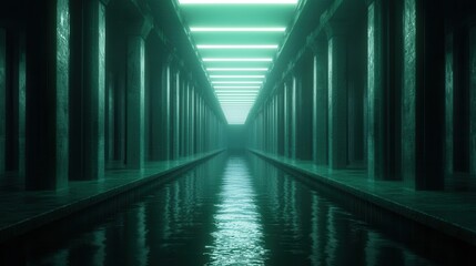 Obraz premium Serene Underground Corridor with Green Neon Lights and Reflection