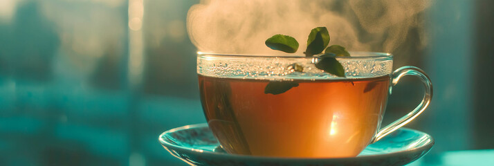Enjoying a warm cup of freshly brewed tea with fragrant steam rising in a serene setting