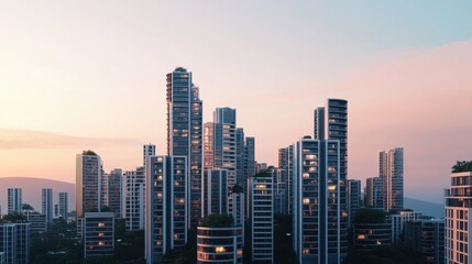 Modern City Skyline at Dusk with Colorful Reflections and Lights