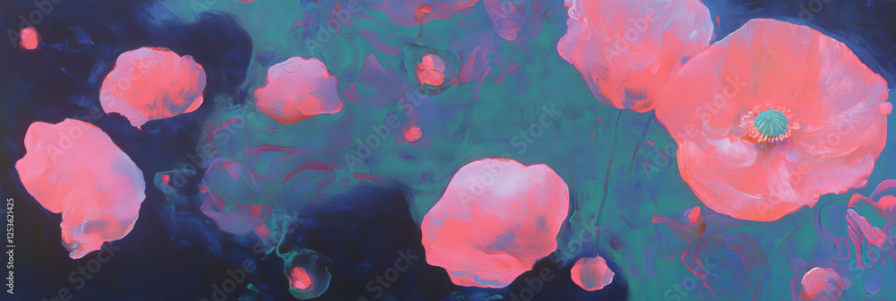 Poster tiny poppy blooms create a vibrant display against a dark background in a stunning artwork