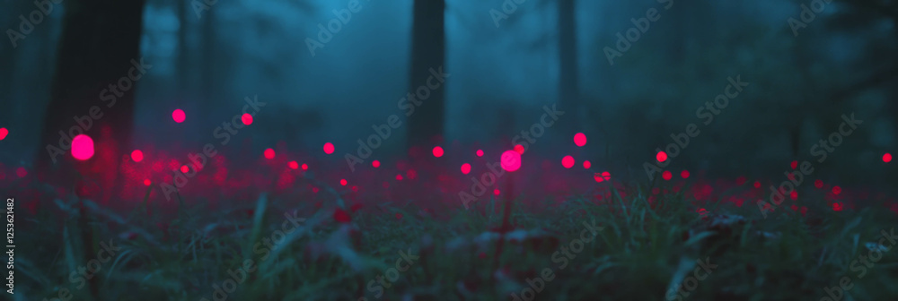 Poster Tiny red sparks illuminate a mystical forest at dusk with an enchanting glow
