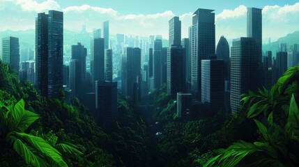 Obraz premium Lush Green Jungle Surrounding Modern Urban Cityscape in Daylight