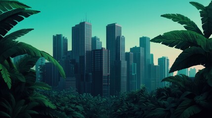 Urban Jungle Mixed with Nature and Tall Buildings in Futuristic Scene