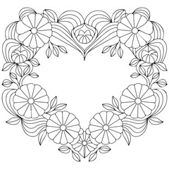 Flowers and heart frame hand drawn for adult coloring book