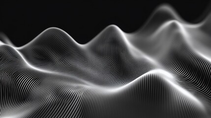 Abstract flowing wave lines in silver on dark background futuristic design