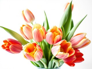 Naklejka premium Vase filled with vibrant multicolored tulips in various stages of bloom, set against a crisp white background, spring flowers, tulip bouquet