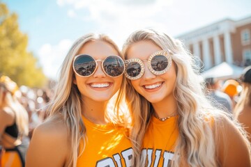 A fraternity and sorority members celebrating a college event with Greek letters on their shirts