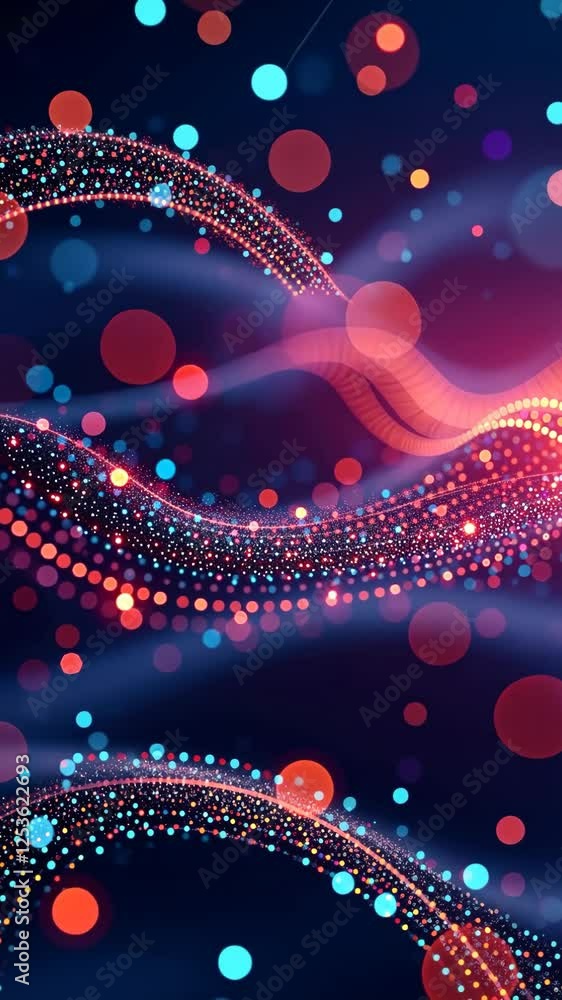 Poster a colorful swirl of dots with a blue background. the dots are in various colors and sizes. the swirl