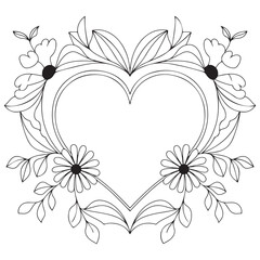 Flowers and heart frame hand drawn for adult coloring book