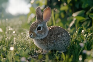 Fototapeta premium Adorable Rabbit Sitting Amongst Bright Green Grass in Nature