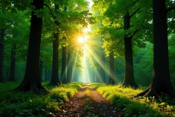 Fototapeta premium Tall trees with sunlight filtering through the leaves, nature, ecology