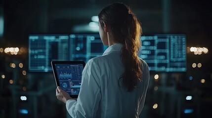 Woman analyzing data on tablet, futuristic control room