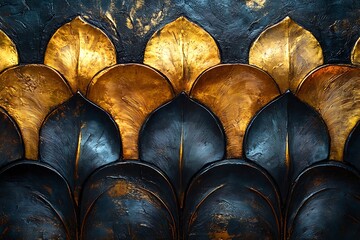 Decorative wall art featuring overlapping golden and black leaf patterns, creating a textured...