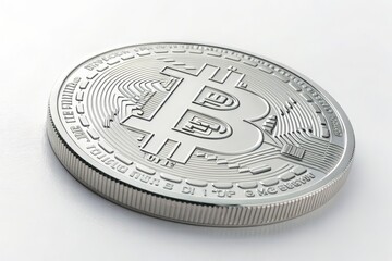 Close-Up of Detailed Bitcoin Coins in Shimmering  Platinum Finishes on a White Background, Ideal for Representing Cryptocurrency Themes, Digital Investment, and Modern Finance Concepts 