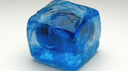 Close-Up View of a Shiny Blue Ice Cube with Transparent Surface and Glossy Textures