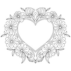 Flowers and heart frame hand drawn for adult coloring book