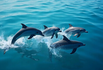 Obraz premium A Delightful Encounter: Four Dolphins Leaping Joyfully in the Ocean