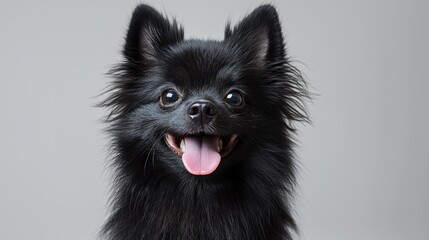 Playful pomeranian puppy indoor studio adorable fluffy canine portrait cheerful atmosphere close-up pet photography