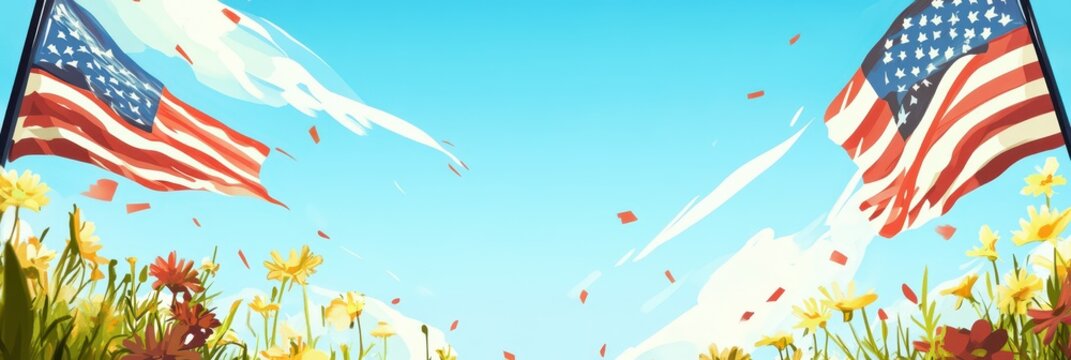 Memorial day celebration with american flags and flowers on a clear blue sky. Horizontal banner. Copy space