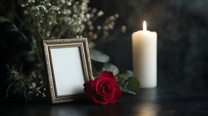 Beautiful Still Life Photography Featuring Red Rose, Antique Books, and Decorative Photo Frame, Perfect for Romantic Settings