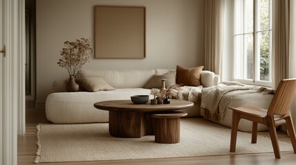 Cozy Minimalist Living Room with Natural Elements and Earthy Tones Designed for Relaxation