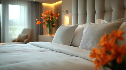 Luxury Hotel Room: Serene Bedroom with Crisp White Linens and Orange Flowers