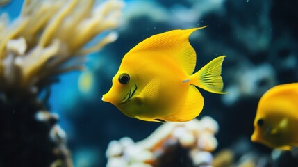 Vibrant Yellow Tang Fish in a Thriving Coral Reef Aquarium