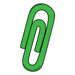 Hand drawn cartoon green paper clip on white background.