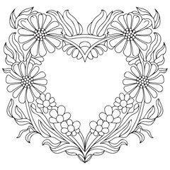 Flowers and heart frame hand drawn for adult coloring book