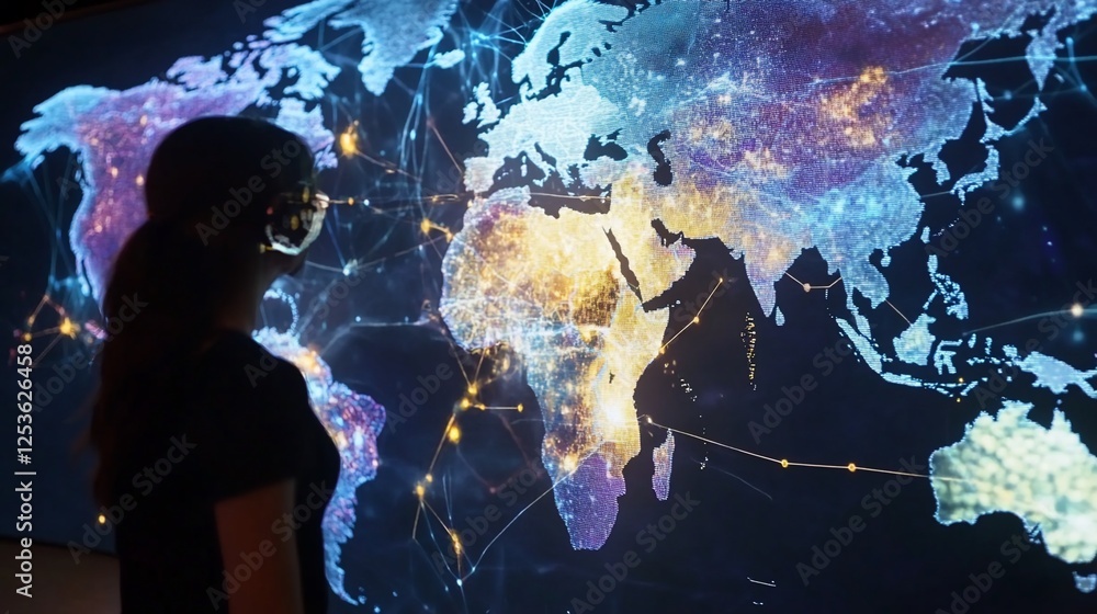 Poster woman observes digital world map display with connected dots and lines on a dark background