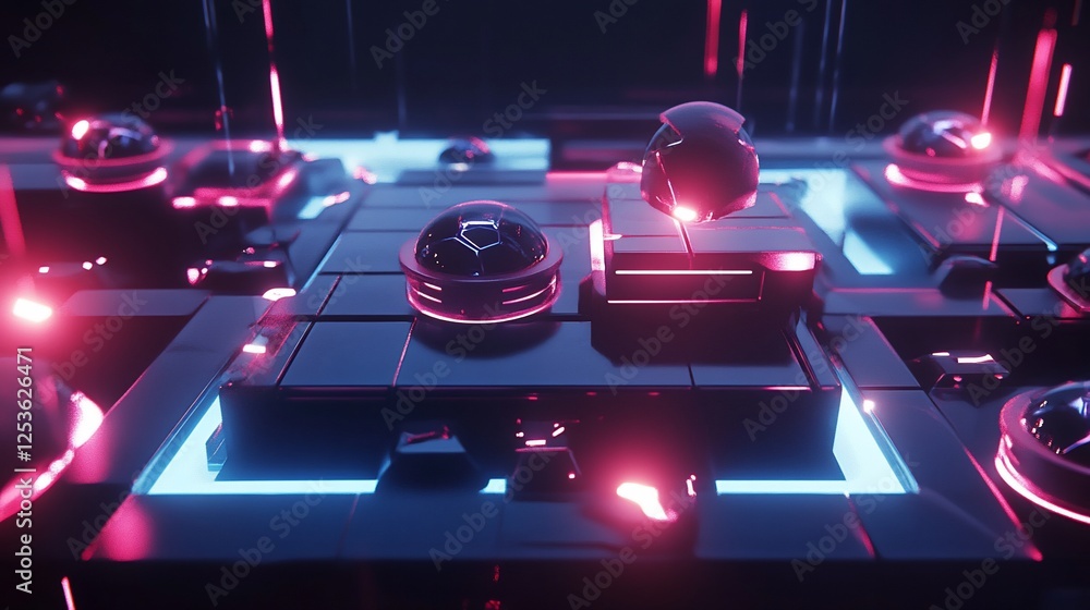 Poster futuristic abstract scene with glowing orbs and structured platforms