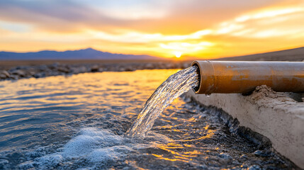 Water flowing from pipe at sunset, mountains background. Use for environmental protection and water conservation visuals