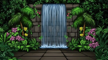 Tropical waterfall garden, lush greenery, stone wall, peaceful scene, decorative