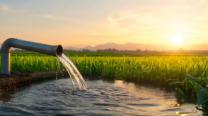 Water flowing through a pipe irrigating a green field at sunset, mountains in the background, possibly for agriculture or environment use